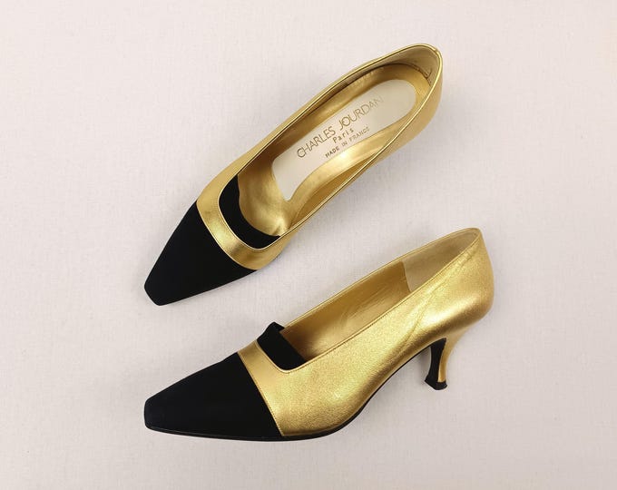 CHARLES JOURDAN vintage gold leather and black suede pumps