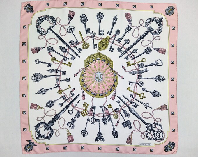 HERMES vintage Les Cles pink silk twill scarf 90 cm