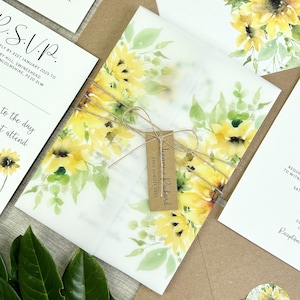 Sunflower Wedding Invitation Vellum Wrap  Personalised Yellow Floral Translucent Paper Invite