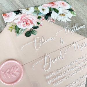 Blush & White Acrylic Wedding Invitations, Acrylic Invite with Pink Flowers and greenery