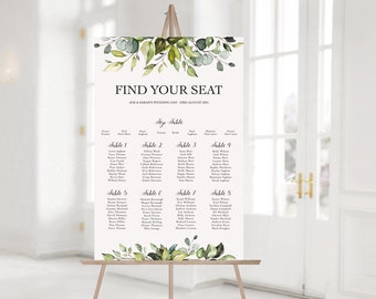 Greenery Wedding Table Plan, Botanical Seating Chart Board