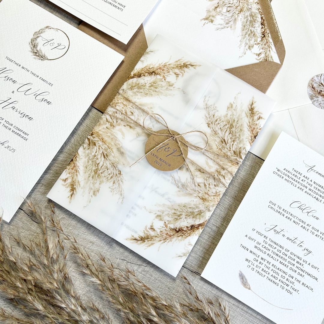 Rustic Boho Pampas Grass Vellum Wrap Wedding Invitation, Bohemian Wedding Invitation Etsy