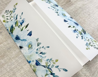 Blue & Navy flower Vellum Wrap/ Jacket For Wedding Invitation, Blue Translucent Paper