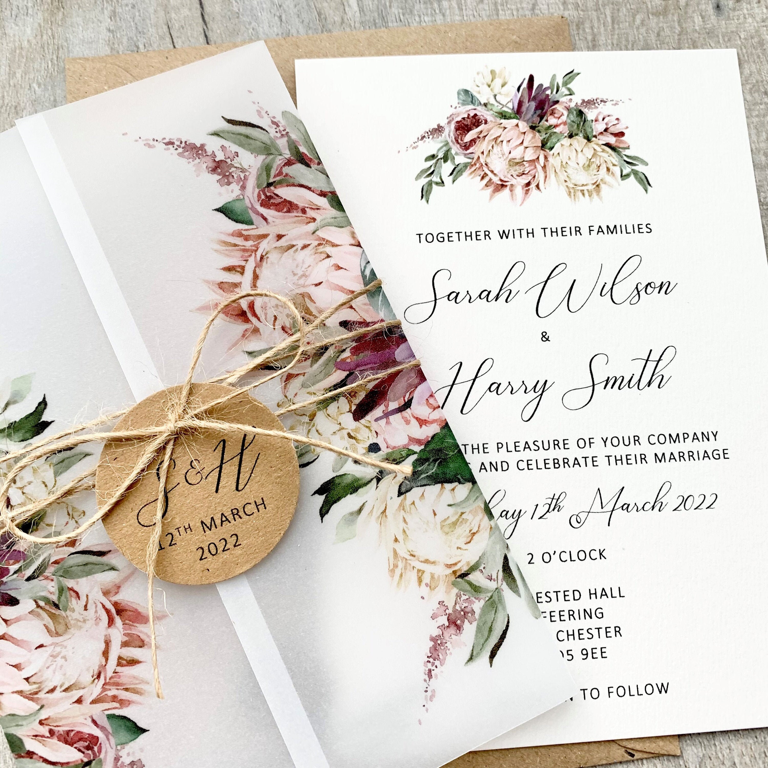 Burgundy Floral Wedding Invitations With Matching Vellum Paper Wrap And