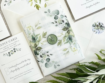 Botanical Vellum Wrap Wedding Invitation, Personalised, Greenery, Translucent Paper