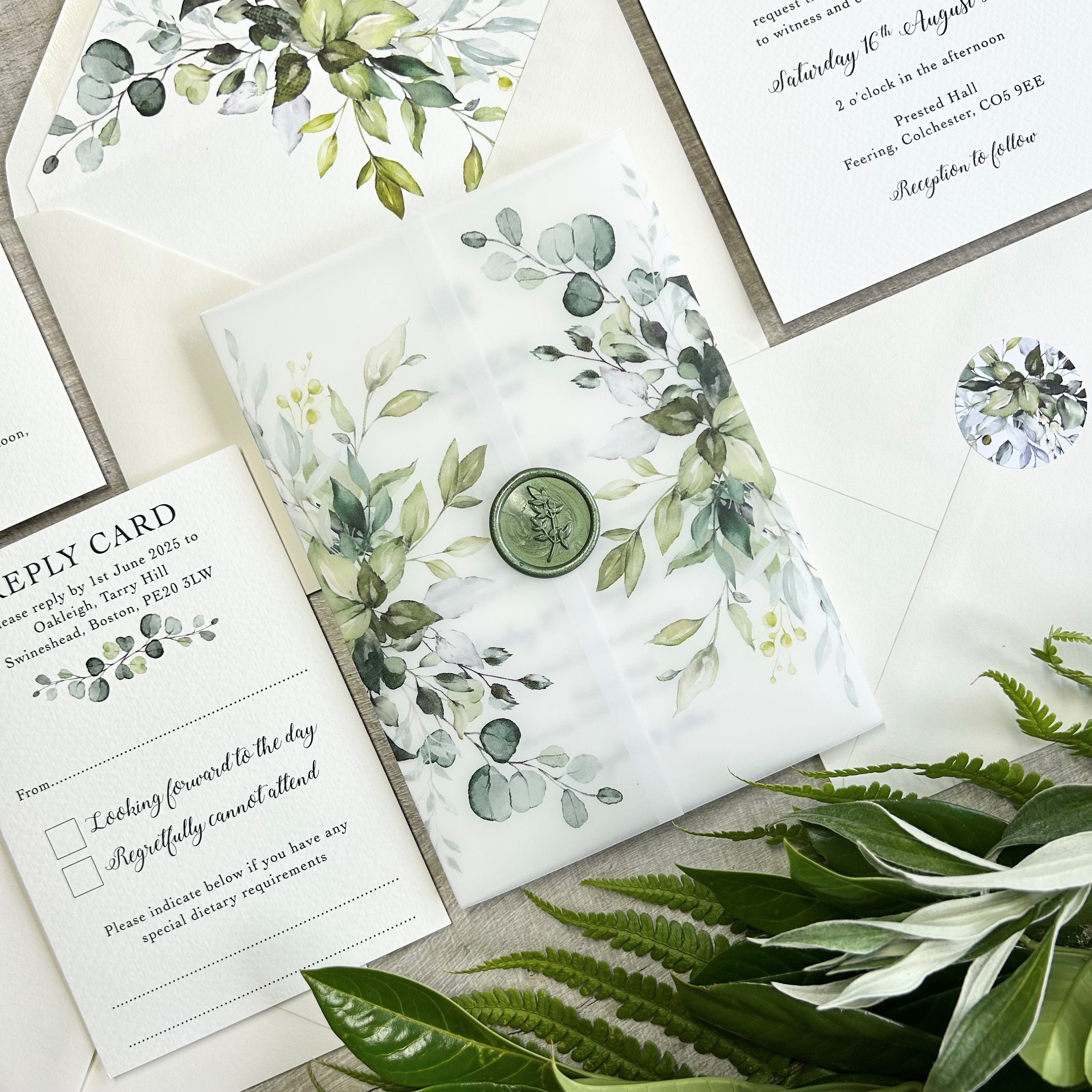 White Frosted English botanical garden floral printed vellum wrap for 5x7  card, pack of 10 Invitation Jackets and Overlays by Ivory Invitations