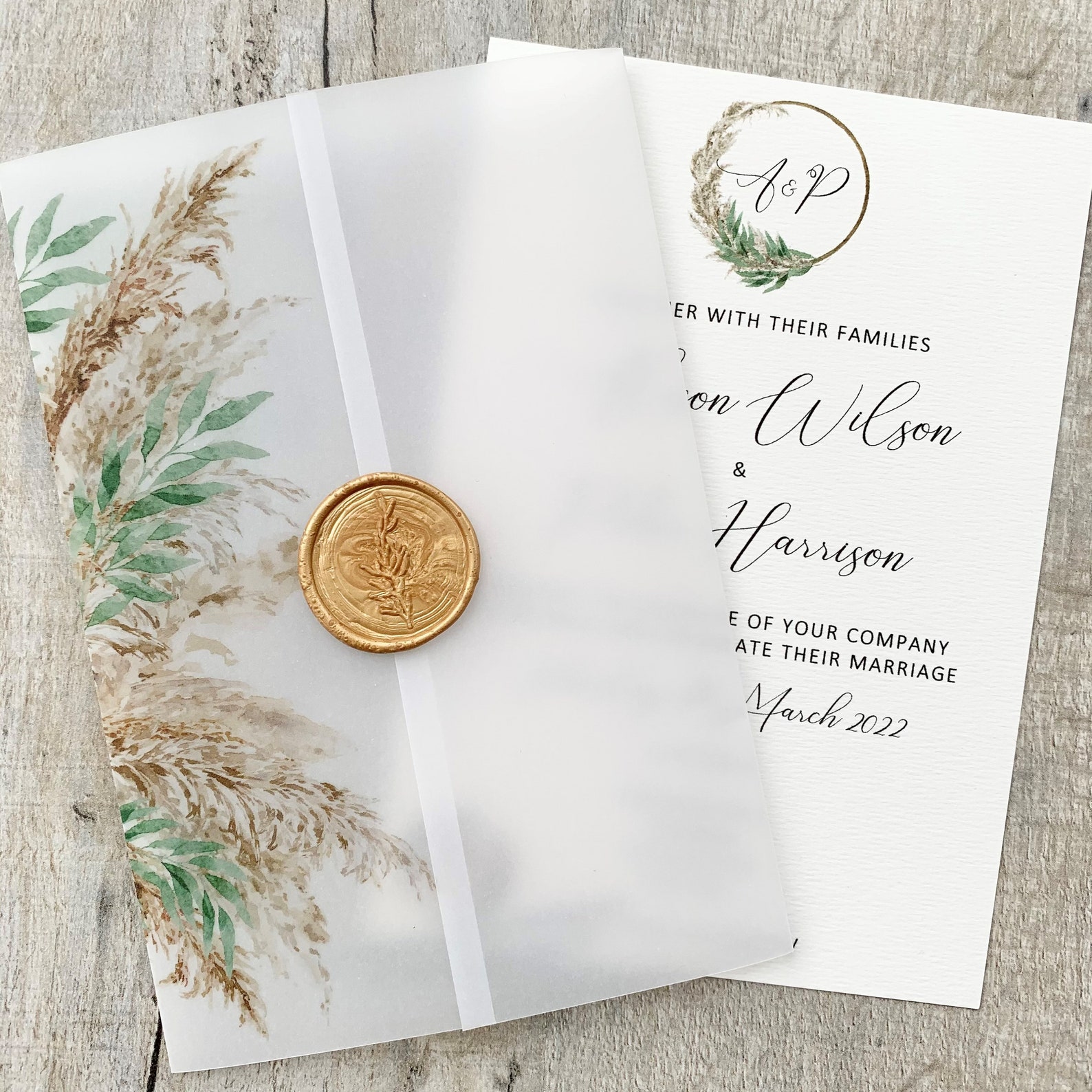 Pampas Grass & Greenery Vellum Wedding Invitation Bohemian Etsy UK