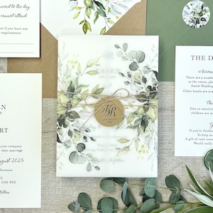 Rustic Botanical Vellum Wrap Wedding Invitation, Personalised, Greenery, Translucent Paper