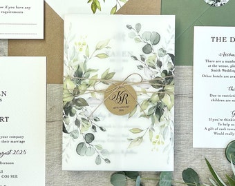Rustic Botanical Vellum Wrap Wedding Invitation, Personalised, Greenery, Translucent Paper