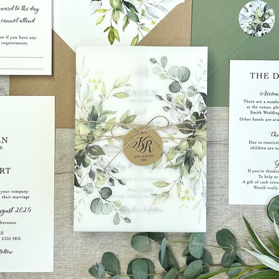 Greenery Botanical Monogram Vellum Paper Pocket Wholesale Wedding  Invitation WPV0006