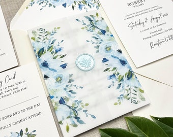 Dusty Blue Vellum Wrap Wedding Invitation & RSVP Card, Translucent Paper