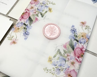 Colourful Pastel Wedding Invitation, Botanical Floral Vellum Wrap Invite