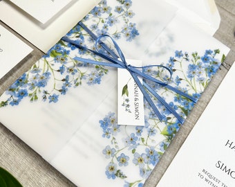 Blue, Forget Me Not, Vellum Wedding Invitation, Blue Wedding Invite, Translucent Paper Invite