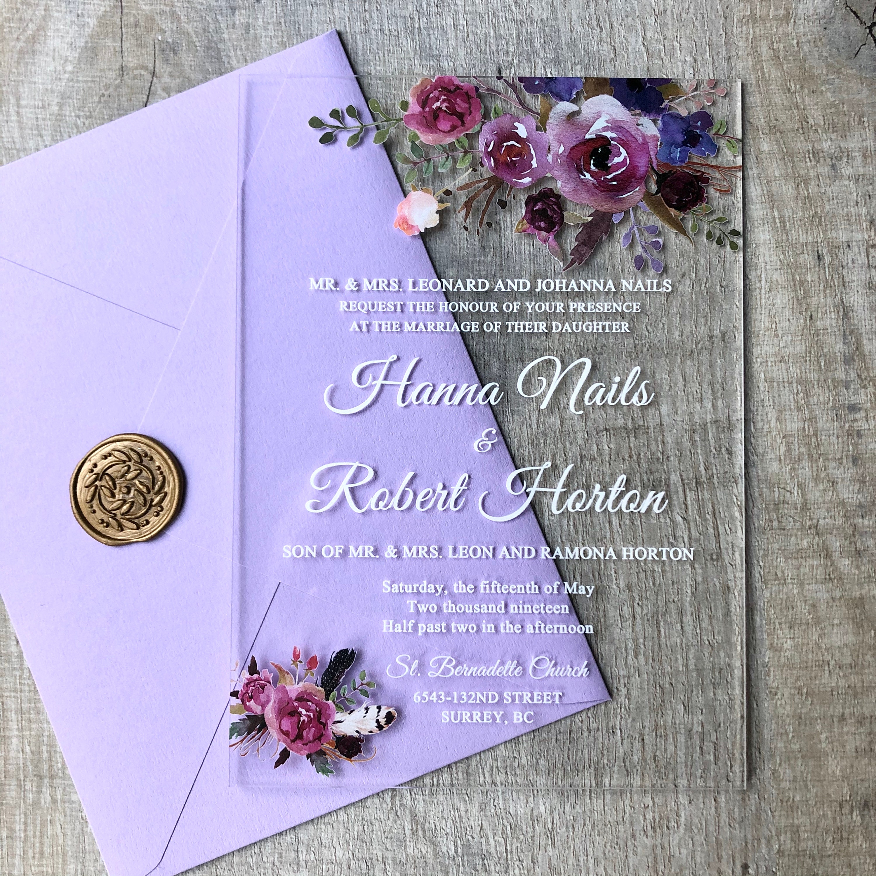 Acrylic Wedding Invitation Personalised Lilac Lavender Floral Etsy