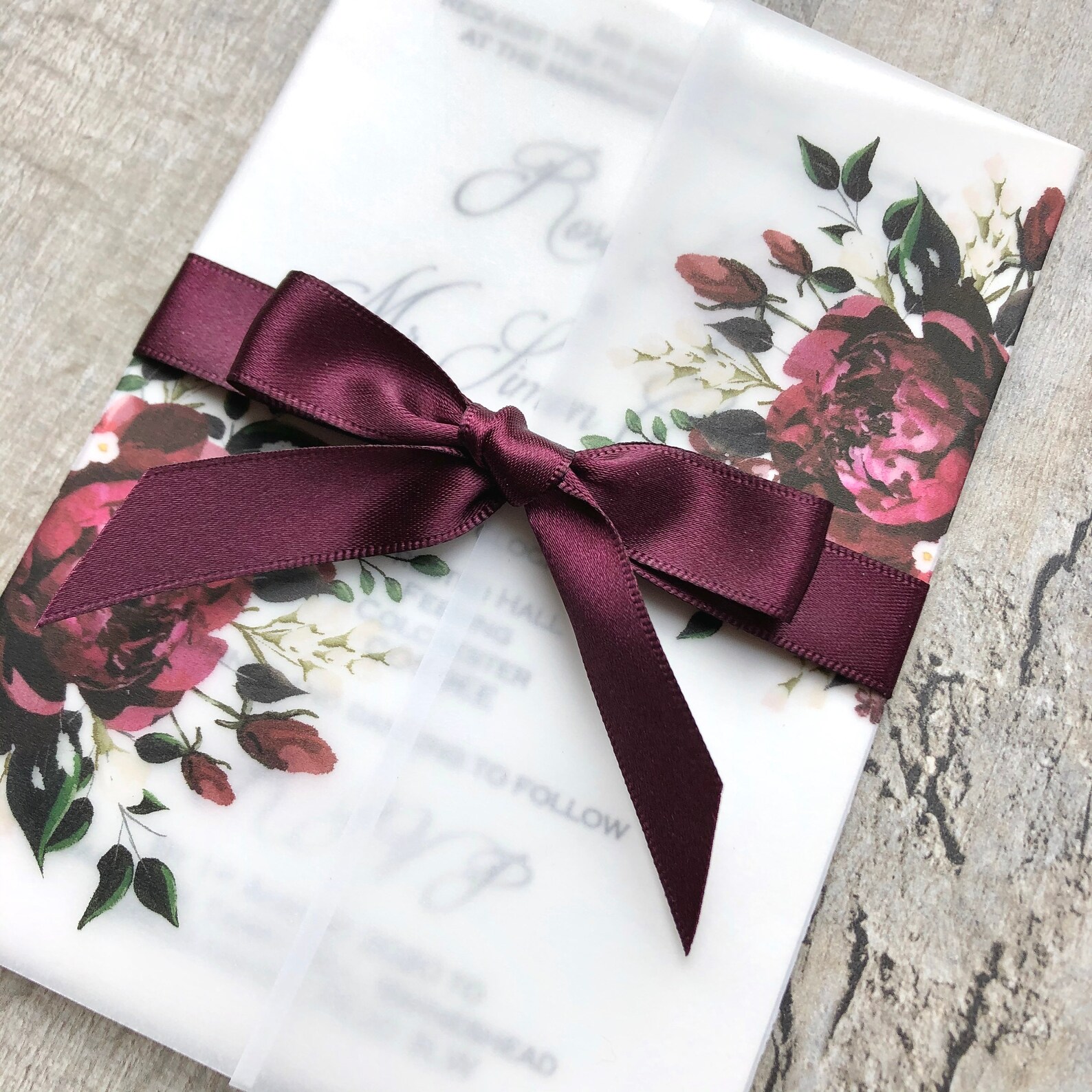 Burgundy Vellum Wedding Invitation Translucent Floral Etsy
