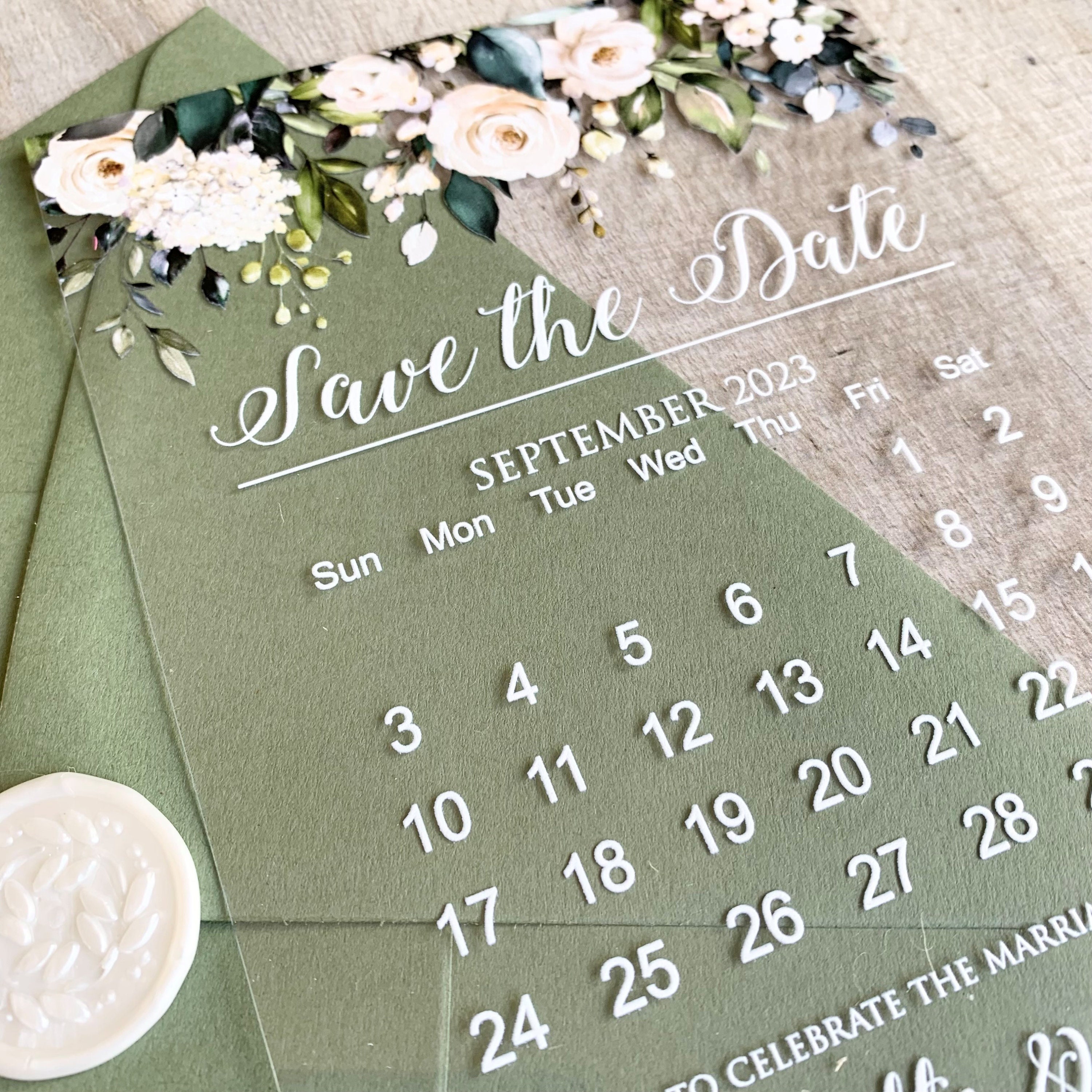 Classic green white floral Acrylic Save the Date Cards CSTD005