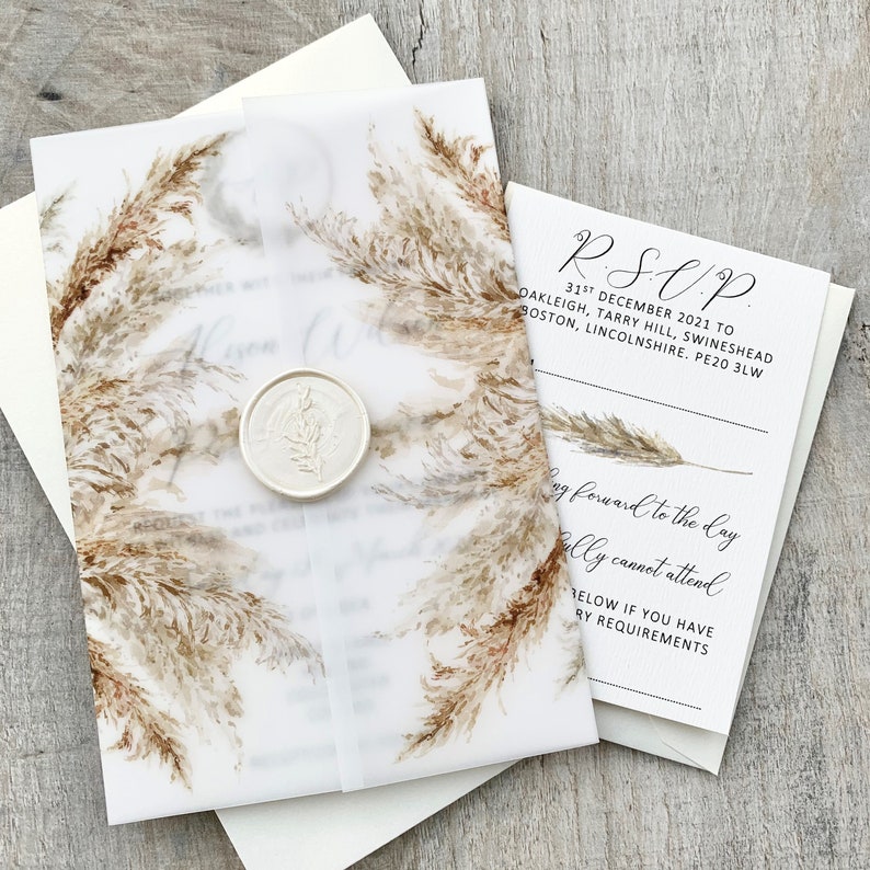 Boho Pampas Grass Vellum Wrap Wedding Invitation Bohemian