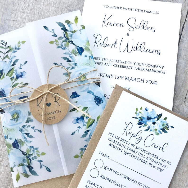 Rustic Dusty Blue Vellum Wrap Wedding Invitation & RSVP