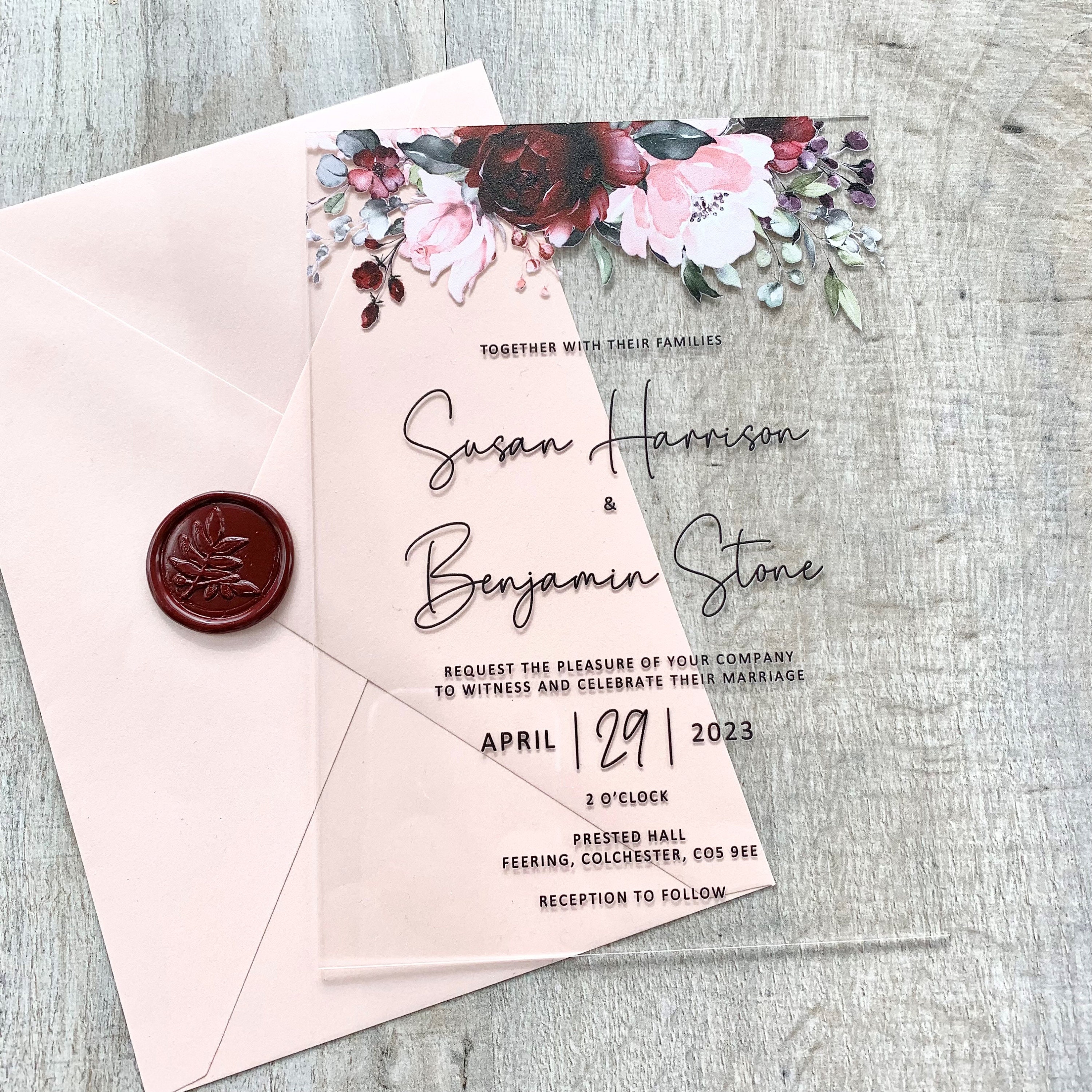 Burgundy rustic floral acrylic wedding invitation WS241