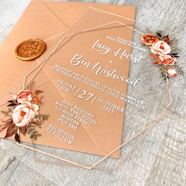 Burnt Orange Acrylic Invitation, Clear Autumn Fall Wedding Invite