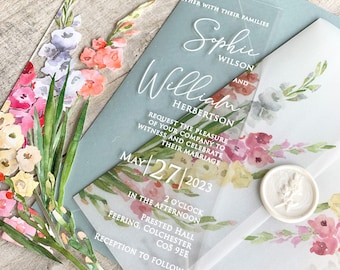 Colourful Acrylic Wedding Invitation With Vellum Wrap, Gladioli,  Bright Multi coloured Translucent Acrylic Invite