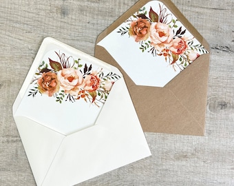 Burnt Orange Floral Envelope Liner, 5x7 Autumn/Fall Wedding Inner Flap Envelope Liner