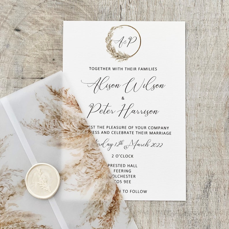 Boho Pampas Grass Vellum Wrap Wedding Invitation Bohemian
