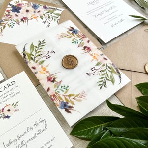 Rustic feather Boho Floral Vellum Wrap & Wax Seal Wedding Invitation, Personalised Translucent Paper Invites