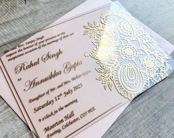 Gold Asian Acrylic Wedding invitation | Mehndi | Hindu | Sikh | Muslim | Kashmiri | Indian Celebration