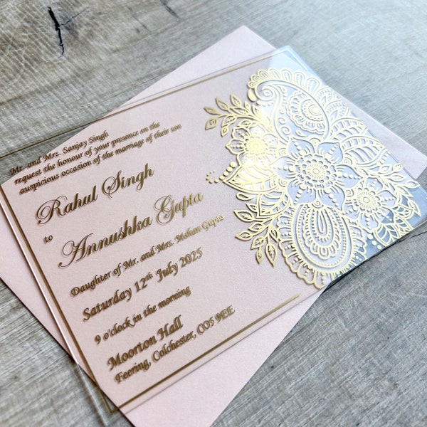 Gold Asian Acrylic Wedding invitation | Mehndi | Hindu | Sikh | Muslim | Kashmiri | Indian Celebration