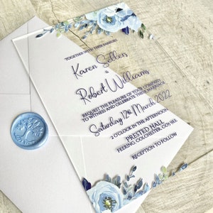 Blue flowers Acrylic Wedding Invitation, Dusky Blue, Baby Blue Translucent Acrylic Invite