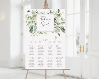 Plan de mesa de boda botánica, tablero de gráficos de asientos verdes