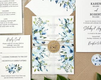 Rustic Dusty Blue Vellum Wrap Wedding Invitation & RSVP Card, Translucent Paper