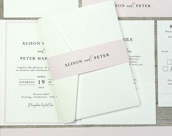 Simple Pink Pocketfold Wedding Invitation Set, Matching RSVP and Wedding Details card.