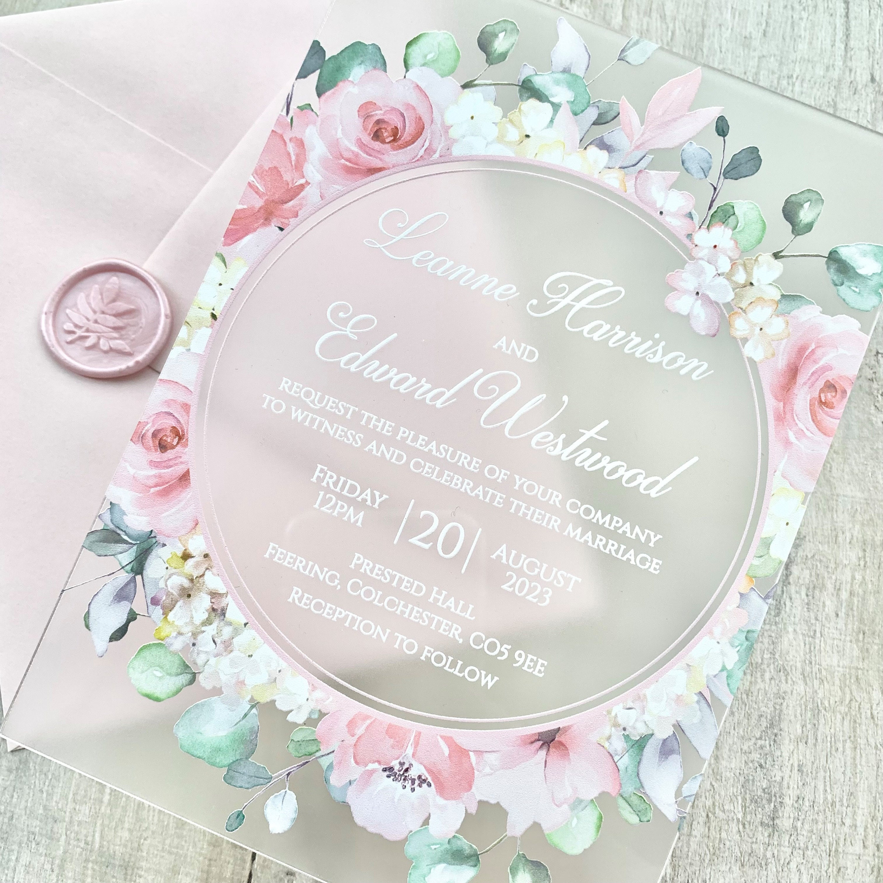 Clear Acrylic Wedding Invitation with Floral Liner and Blush Colors — Sofia  Invitations and Prints