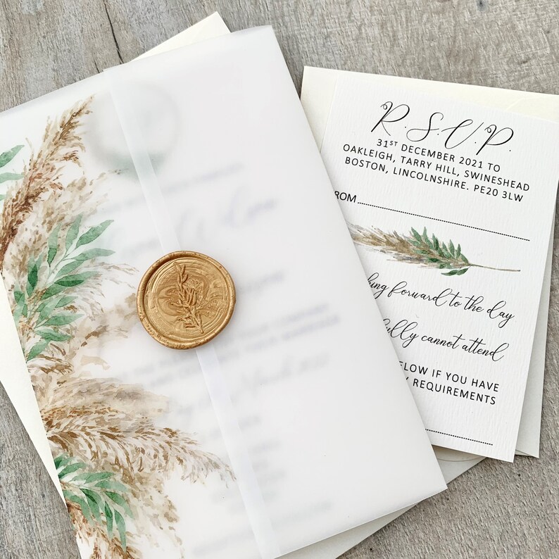 Pampas Grass & Greenery Vellum Wedding Invitation Bohemian Etsy