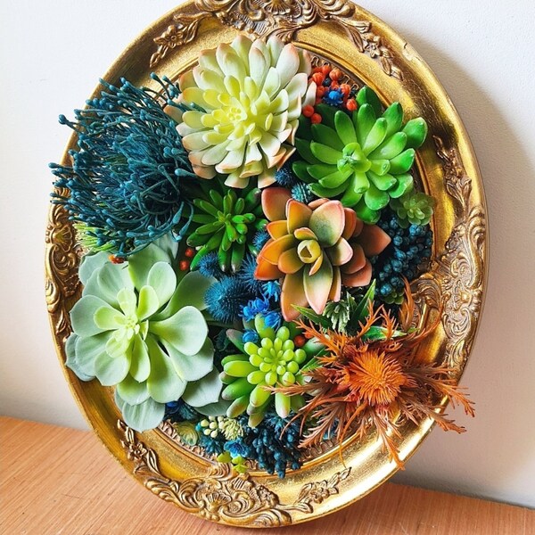 In Stock - Unique Faux Succulents Wall Art Home Decor in an Upcycled Vintage Beautiful Oval Frame for Business, Office or Home Plant Gift