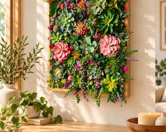 Faux Succulent 3D Wall Art: Vibrant Wood Framed Botanical Decor for Home or Business