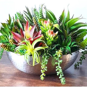 Large Faux Succulent Planter Arrangement: Silver Bowl Table Rustic Centerpiece
