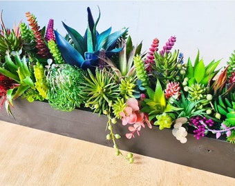 Faux Succulent Planter: Vibrant Wooden Table Centerpiece, Modern Home Decor
