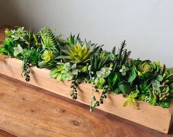 Faux Succulent Planter: Rustic Realistic Wooden Table Centerpiece, Modern Home Decor
