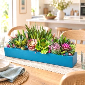 Vibrant Faux Succulent Planter: Pink Teal Blue Wooden Table Centerpiece
