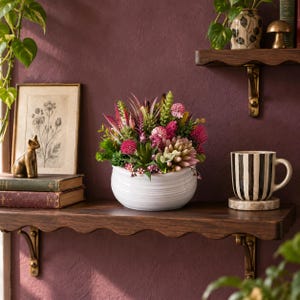 Faux Succulent Centerpiece: Small Pink Foliage Ceramic Bowl, Luxury Home Decor Planter