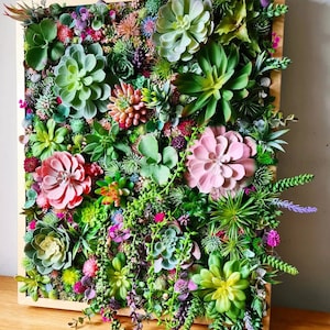Bright Vibrant Preserved Moss with Faux Succulents Wall Art for a Modern Home, 3D Decor Wood Plant Theme Office Business Botanical Salon Bar