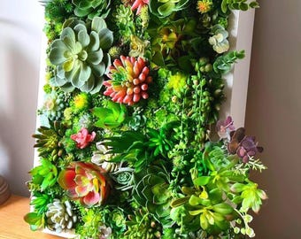 Arte de pared 3D con suculentas artificiales: decoración botánica rústica con marco de madera para el hogar o el negocio