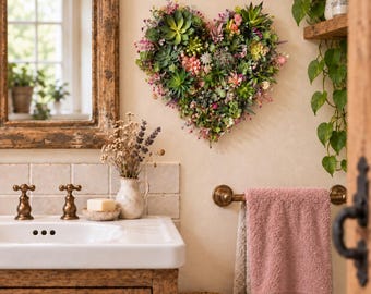 May include: A heart-shaped wall hanging composed of various artificial succulents and small flowering plants in shades of green, pink, and purple. The arrangement features a dense cluster of diverse botanical textures mounted on a wall.