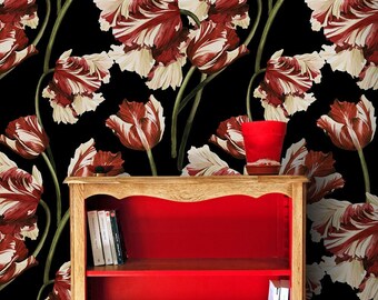 Retro Style Tulips Removable Wall Mural, Red Floral Temporary Wallpaper, Floral Removable Wall sticker, #194