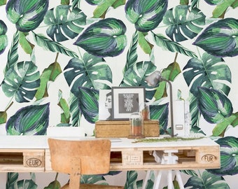 Tropical Parade Removable Wallpaper, Green Floral Temporary sticker, Flowers Temporary Wall Mural, Non Toxic Print #181