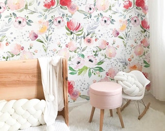 Watercolor Flowers Removable Wall Mural, Colorful Floral Temporary Wallpaper, Floral Removable Wall Sticker, #69