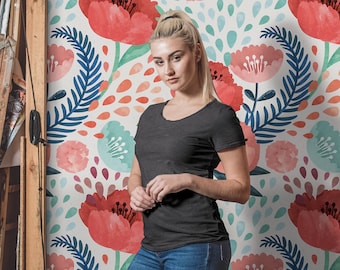 Decorazione murale rimovibile con fiore di papavero stile retrò, rivestimento murale temporaneo floreale rosso, adesivo murale rimovibile floreale, #52